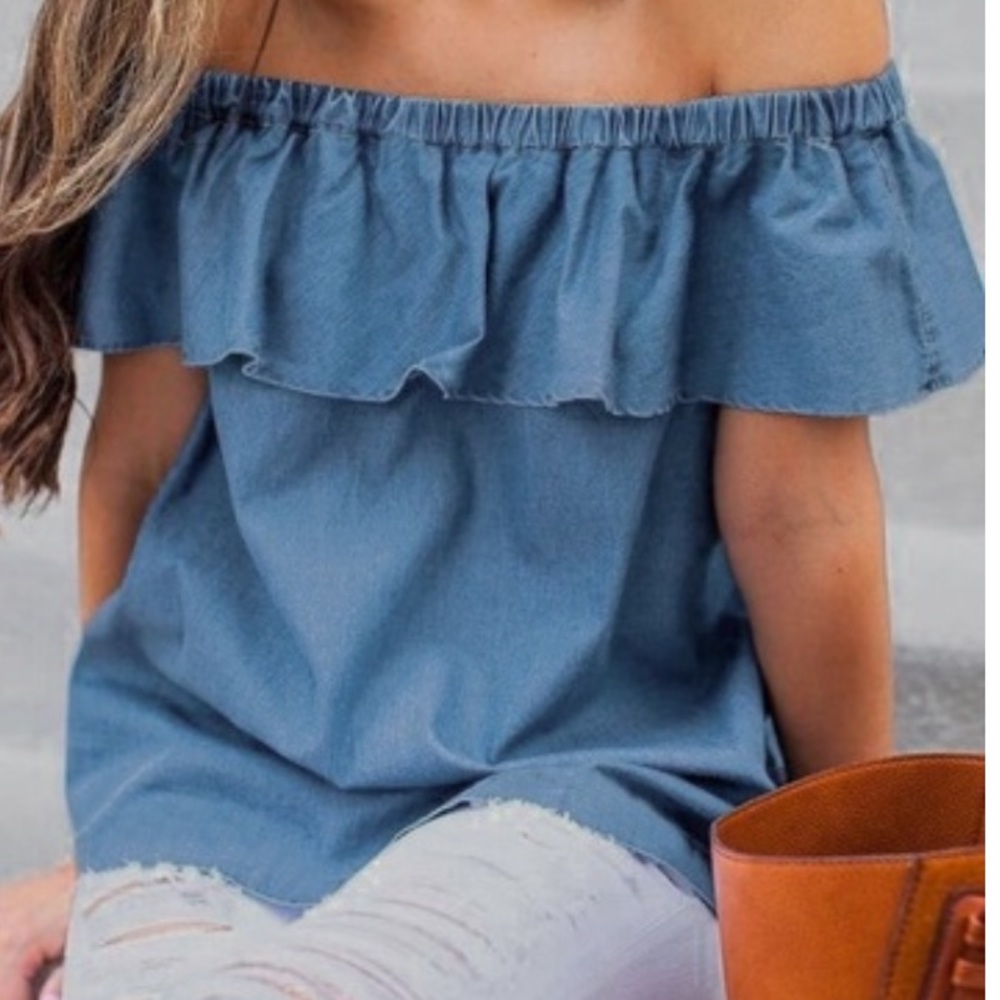Off the Shoulder Ruffle Denim Top